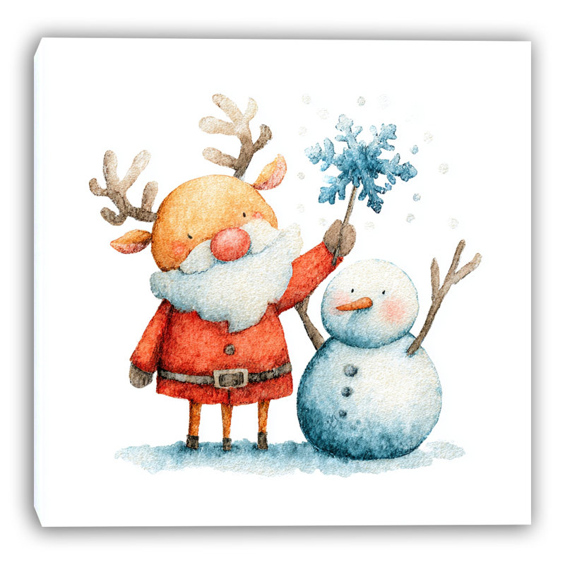 Renne et bonhomme de neige sur toile, H 12 po x l 12 po
