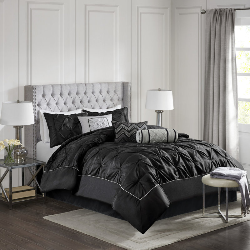 Édredon 7 pièces noir pour très grand lit - 2 taies décoratives, 3 coussins décoratifs, 1 édredon, jupe de chambre à coucher luxueuse lavable à la machine
