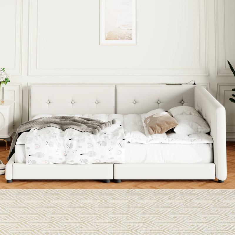Lit tapissier avec ports - Lit à structure robuste, housse en lin, Beige, Grand lit
