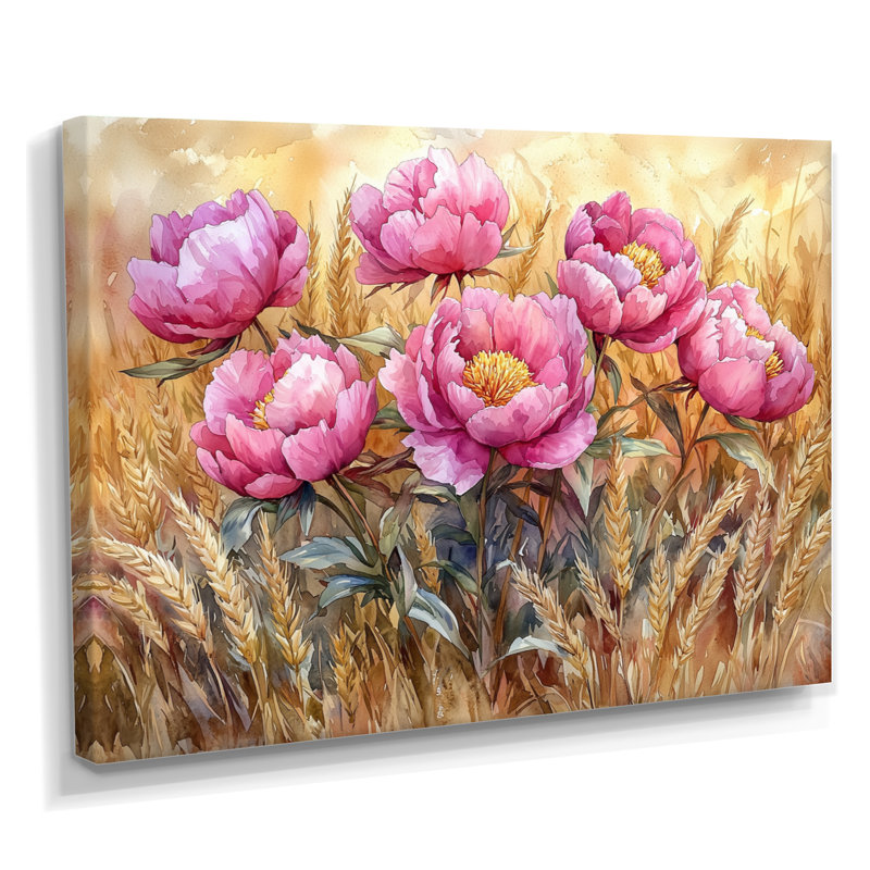 Draeson, campagne, pivoines dans le champ d'ambre II - pivoines, art mural, H 30 po x l 40 po, Toile tendue