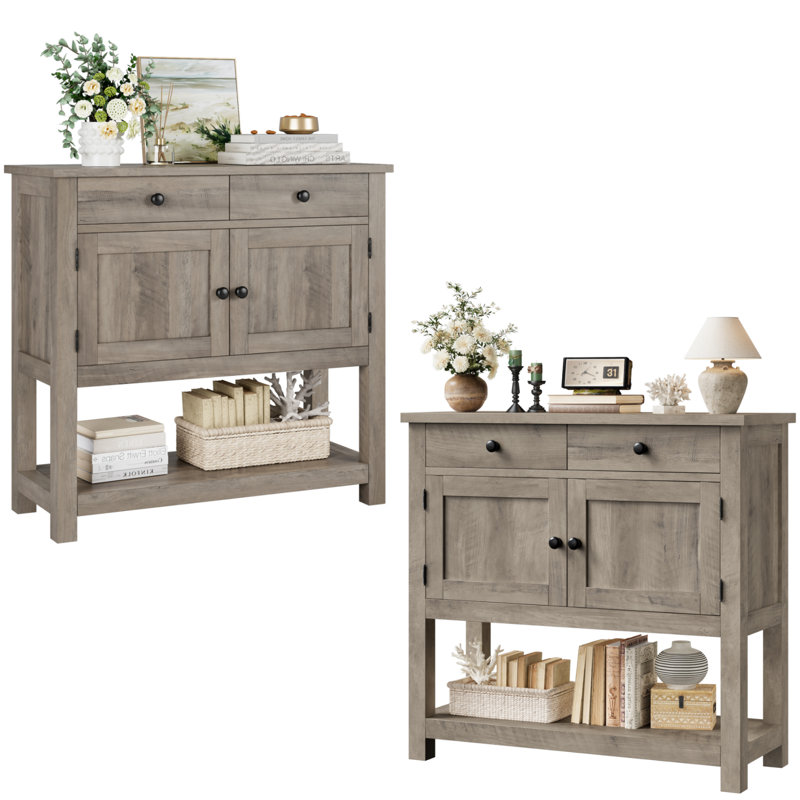 35.4'' Console Table Set With Drawers And Cabinet, Wash Gray