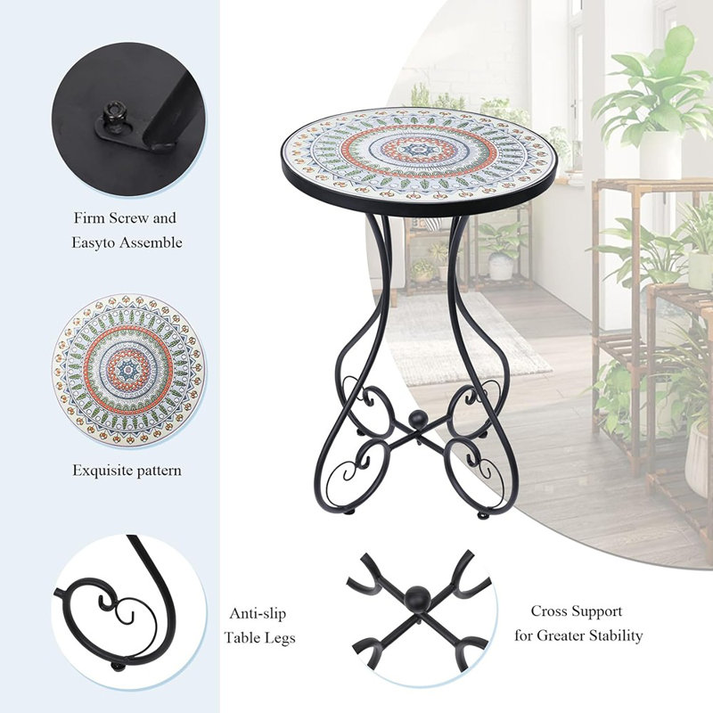 Table d'appoint ronde ronde en mosaïque avec plateau en céramique de 14 po, table d'appoint de patio antirouille pour une utilisation intérieure et extérieure dans la cour, le jardin, le salon, le bistro et le balcon, vert (transparent)