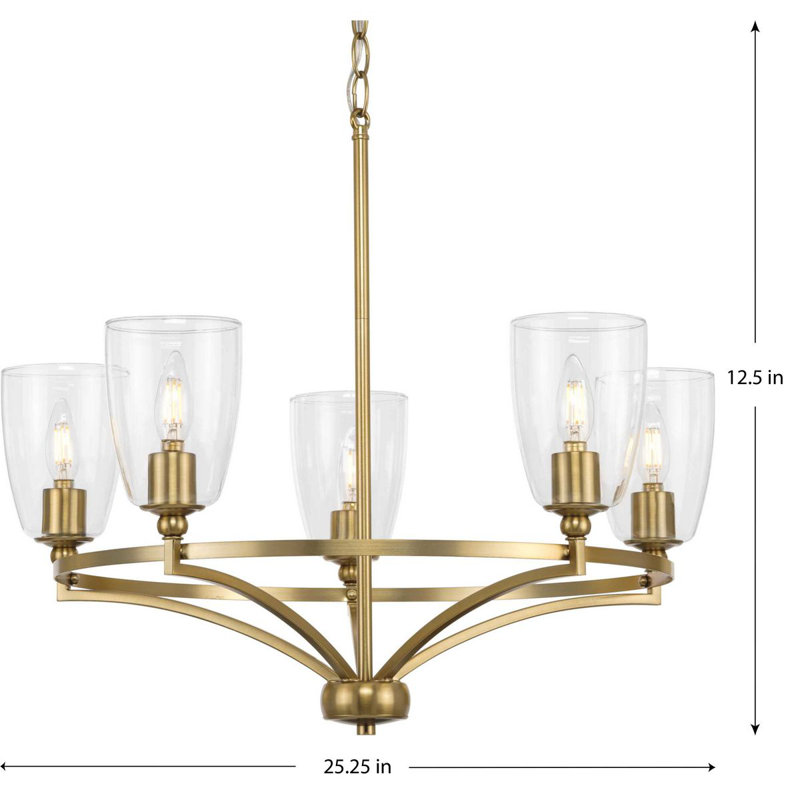 Lustre traditionnel 5 lumières en verre transparent, Bronze brossé