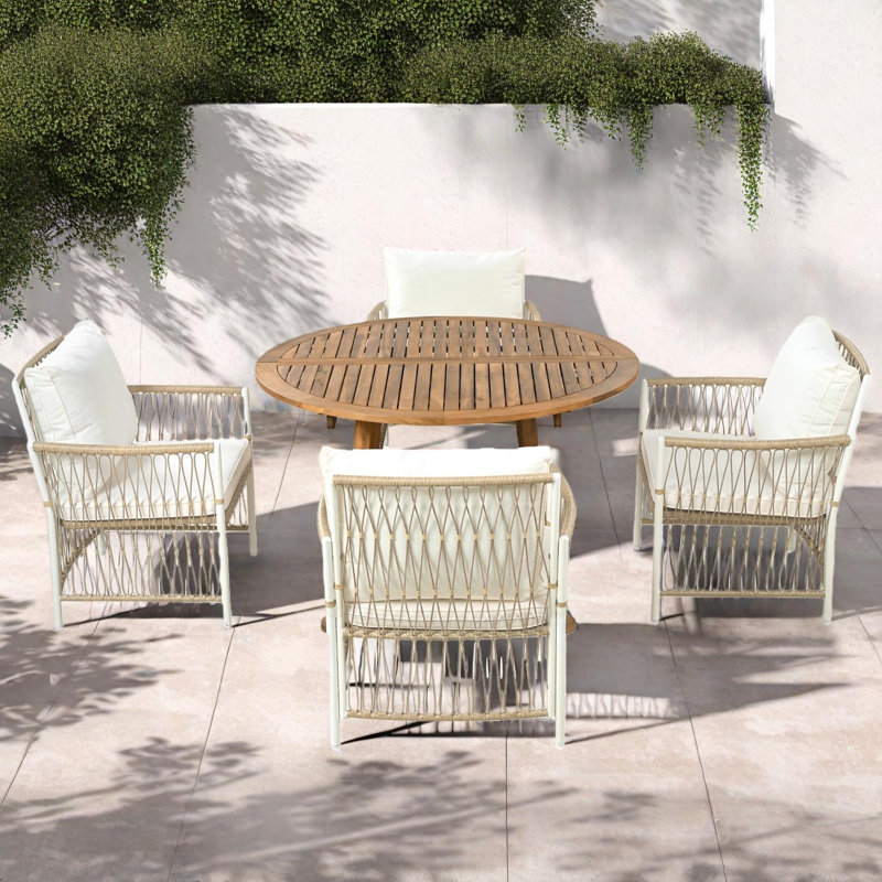 Modern 5-Piece Patio Extendable Wooden Dining Table Set with Rattan Arm Chairs