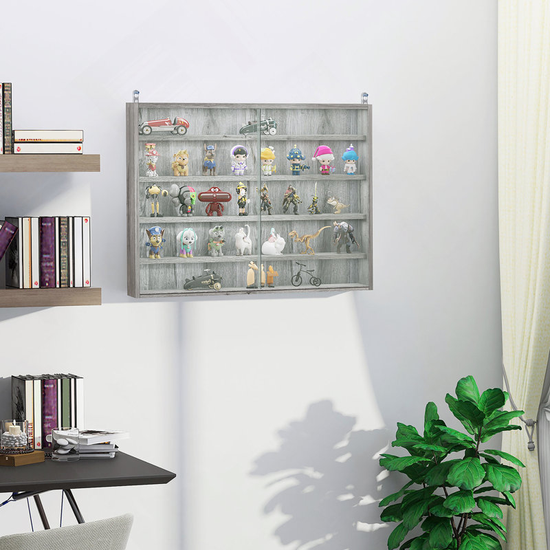 Vitrine à 5 niveaux, vitrine en verre avec 2 portes et tablettes réglables, fixation murale, gris