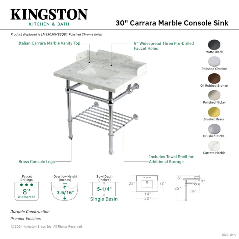 Kingston Brass Pemberton 30-Inch Carrara Marble Console Sink with Brass Legs and Shelf (8-Inch, 3-Hole)