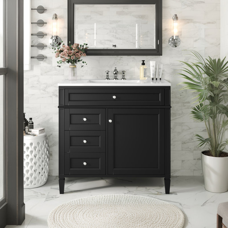 Dannylynn Bathroom Vanity with Top Sink, Bathroom Storage Cabinet with 2 Drawers and a Tip-out Drawer, Black