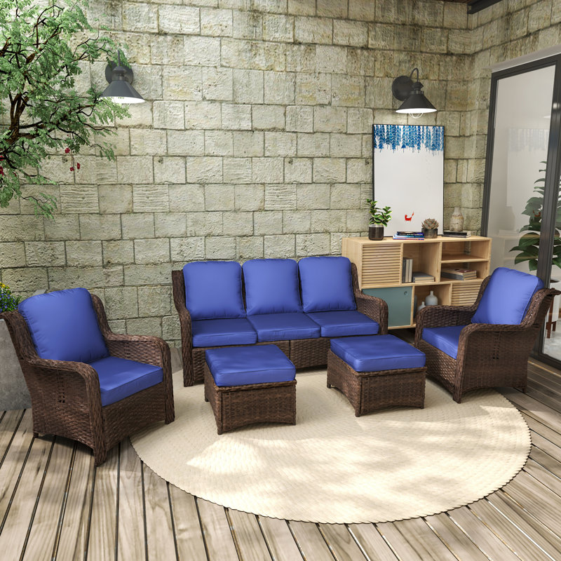 Patio Furniture : Outdoor Sectional With 3 Couch, 2 Single Chairs, Ottomans. Gray-Navy For Lawn, Garden, Backyard. Rust- Steel Structure. Fine Woven . Fade- Cushions Protection. Comfortable High
