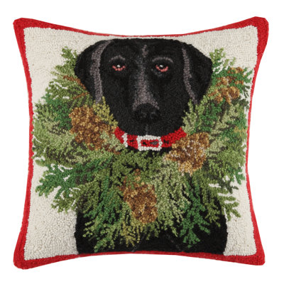 Black Lab with Wreath Wool Hook Pillow - 18" Square