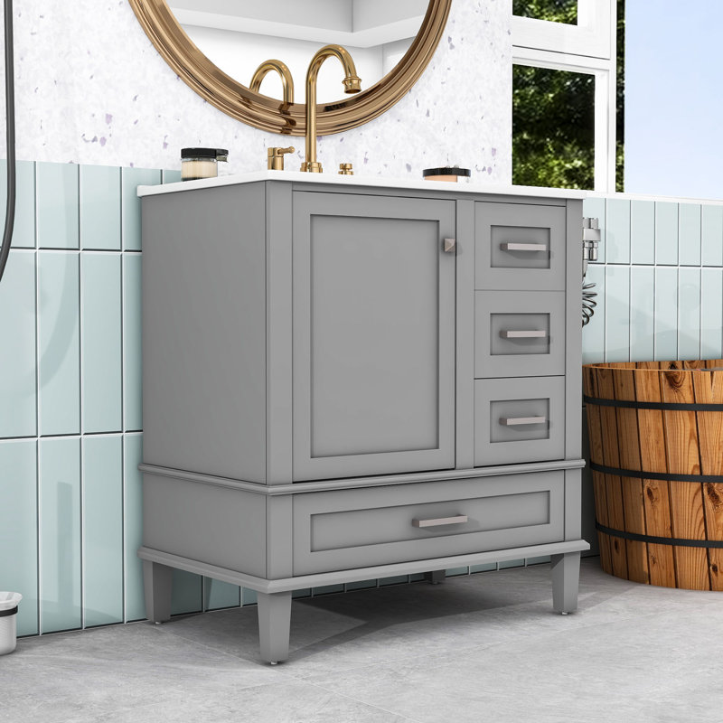 Armoire de salle de bain avec porte à fermeture douce et 3 tiroirs, Gris