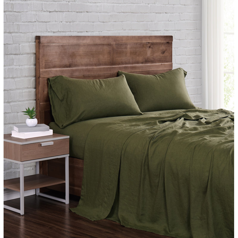 Ensemble de draps en lin Nena Aybar, Ensemble de draps pour très grand lit avec 2 taie, Vert olive