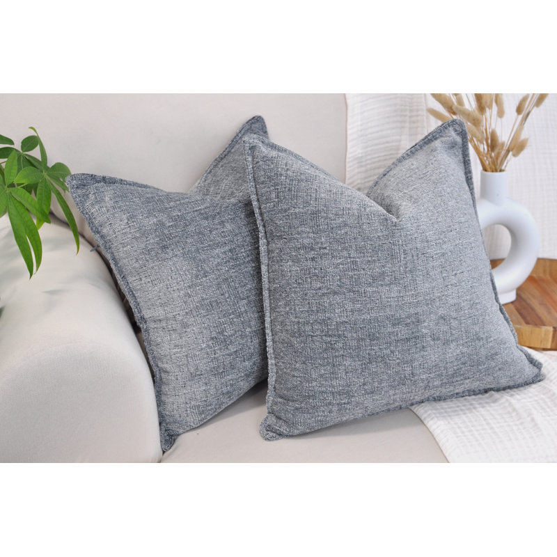 Gray Chenille Square Throw Pillow Covers with Piped Edges, Set of 2