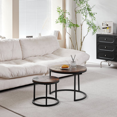 Modern Nesting Coffee Tables, Round Wood Effect MDF Tabletop with Black Metal Frame for Living Room