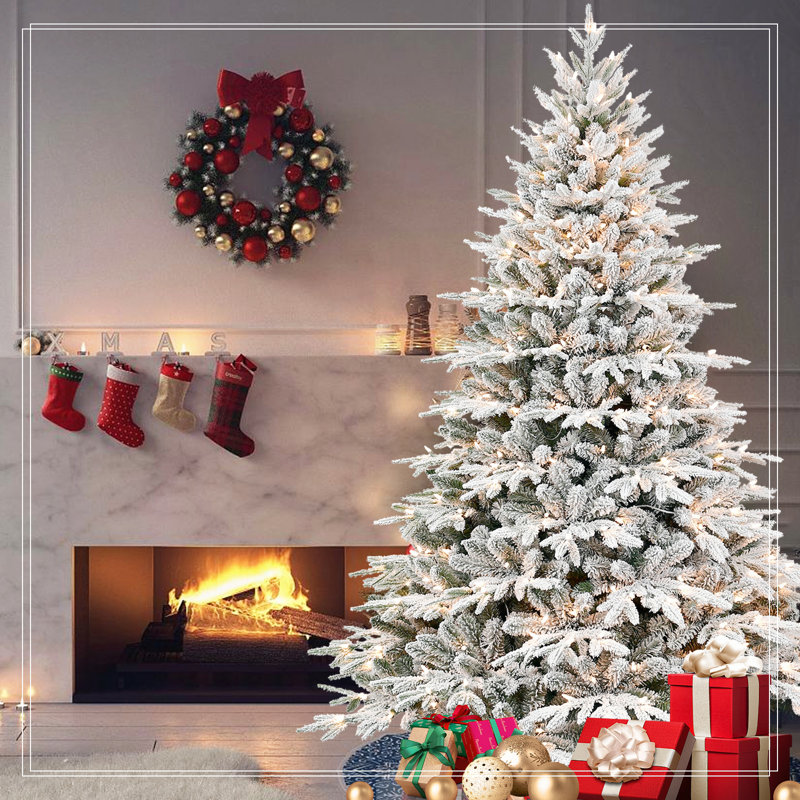 Arbre de Noël artificiel enneigé 9 pi avec 1050 blanc chaud, H 9 pi