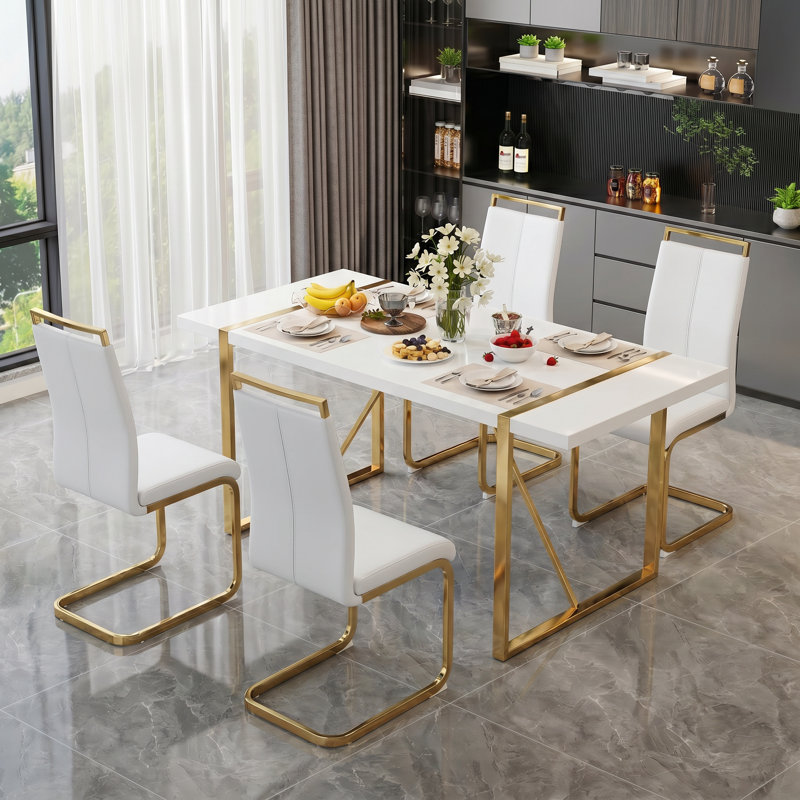 Ensemble de salle à manger 5 pièces rectangulaire moderne avec table haute brillance et chaises en porte-à-faux en similicuir