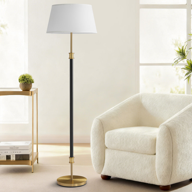 Mid-Century Modern Floor Lamp with Brass Accents and White Linen Shade, Black/Gold
