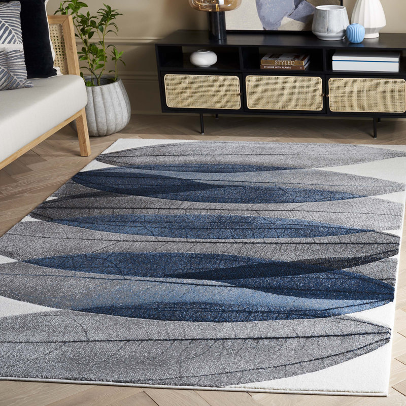 Tapis floral Jeromie Performance, Bleu / noir / ivoire, Rectangle 5 pi 3 po x 7 pi 6 po