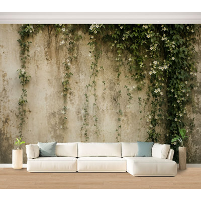 Wall Mural Peel and Stick Wallpaper Rustic Wall Climbing Green Vines White Flowers Self-Adhesive Removable Contact Paper Wall Decor for Living Room Bedroom 100"H x 144"W