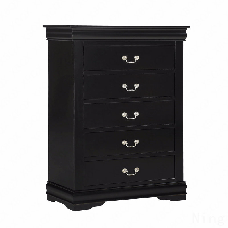 1Pc Black Finish Five Drawers Louis Philip Chest Solid Wooden Contemporary Sleek Ample Storage, Black