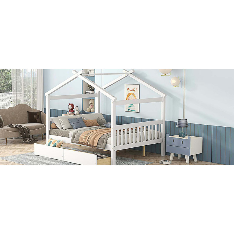 Lit double en bois avec tiroirs, blanc