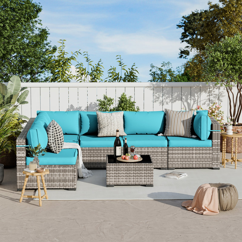 Ensemble de conversation modulaire en rotin 2 pièces avec coussins, Bleu