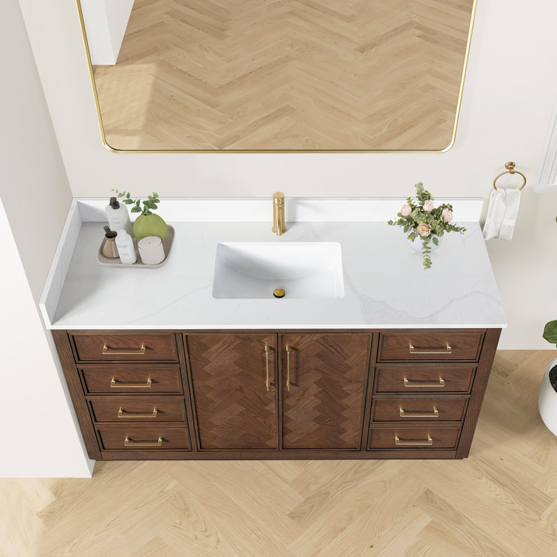 Meuble-lavabo simple 60 po avec plateau en pierre de quartz blanc Jakarta, Chêne brun foncé vieilli, Or brossé, 48"