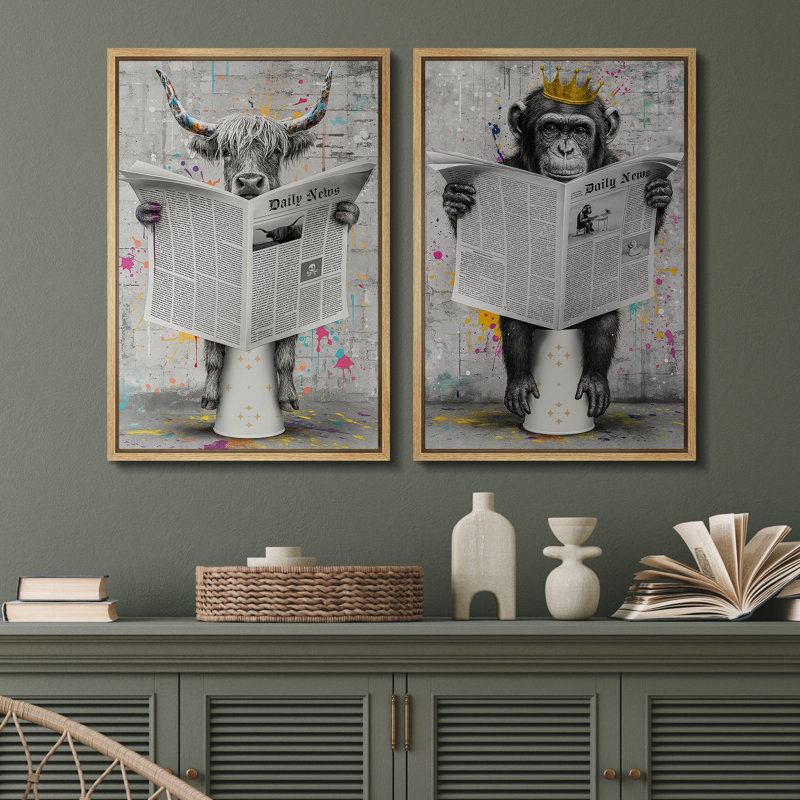 Reproduction d'art journal sur toile, impression de vaches et de singes des montagnes des Graffiti pour une salle de bain moderne urbaine ou un loft