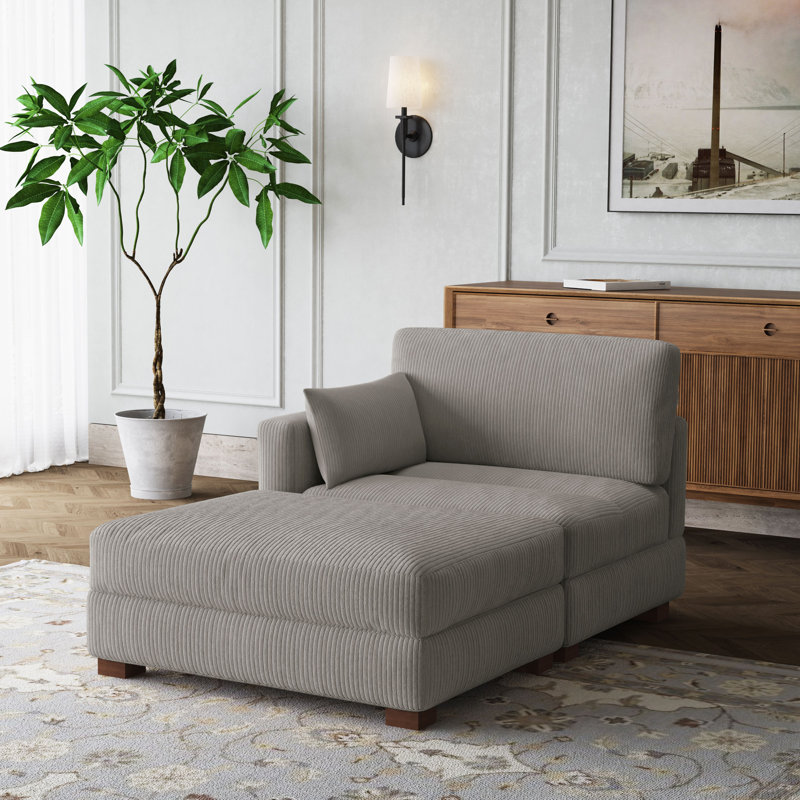Chaise longue modulaire rembourrée en velours côtelé gris clair avec accoudoirs et coussins Bentura, Gris clair