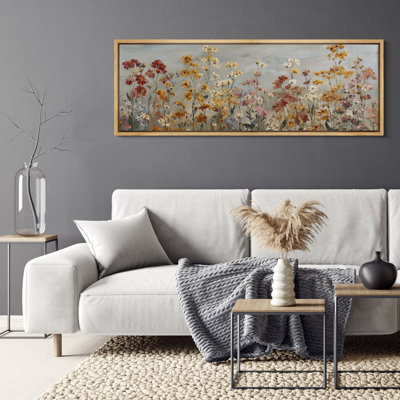 Autumn Wildflowers and Meadow Landscape in Warm Earthy Palette - Large Framed Canvas Master Bedroom Wall Art Print