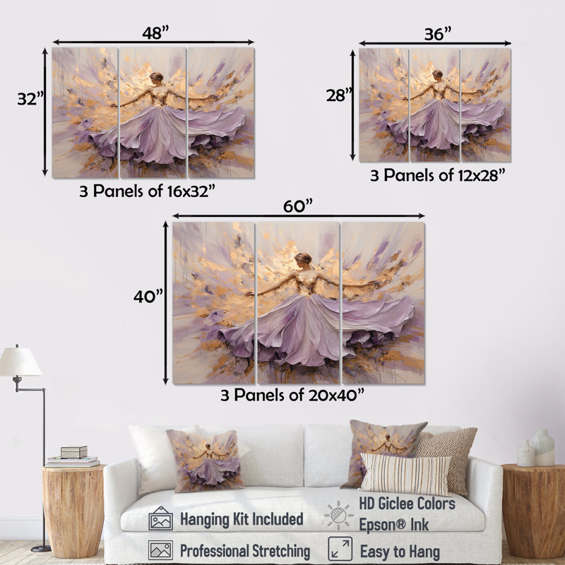 Minimalisme - Ballerine mauve - Ensemble de décoration murale ballet, H 28 po x l 36 po