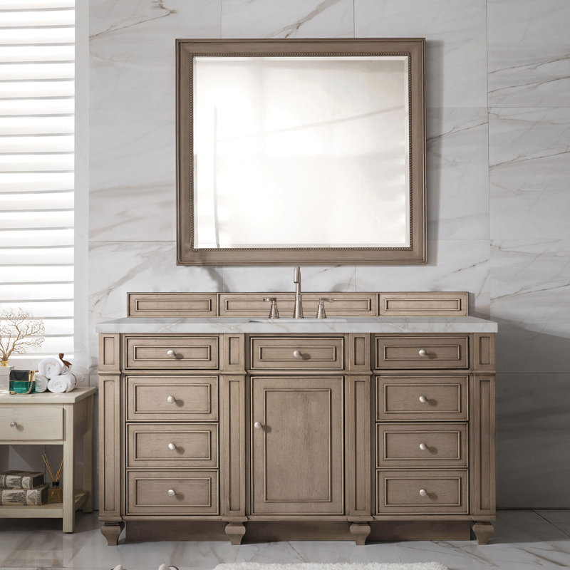 Bristol 60'' W Single Vanity, Victorian Silver, 8" Widespread, Whitewashed Walnut