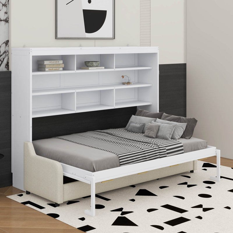 Lit armoire pleine grandeur avec canapé pliant, tablettes de rangement intégrées et lumière DEL, Lit double