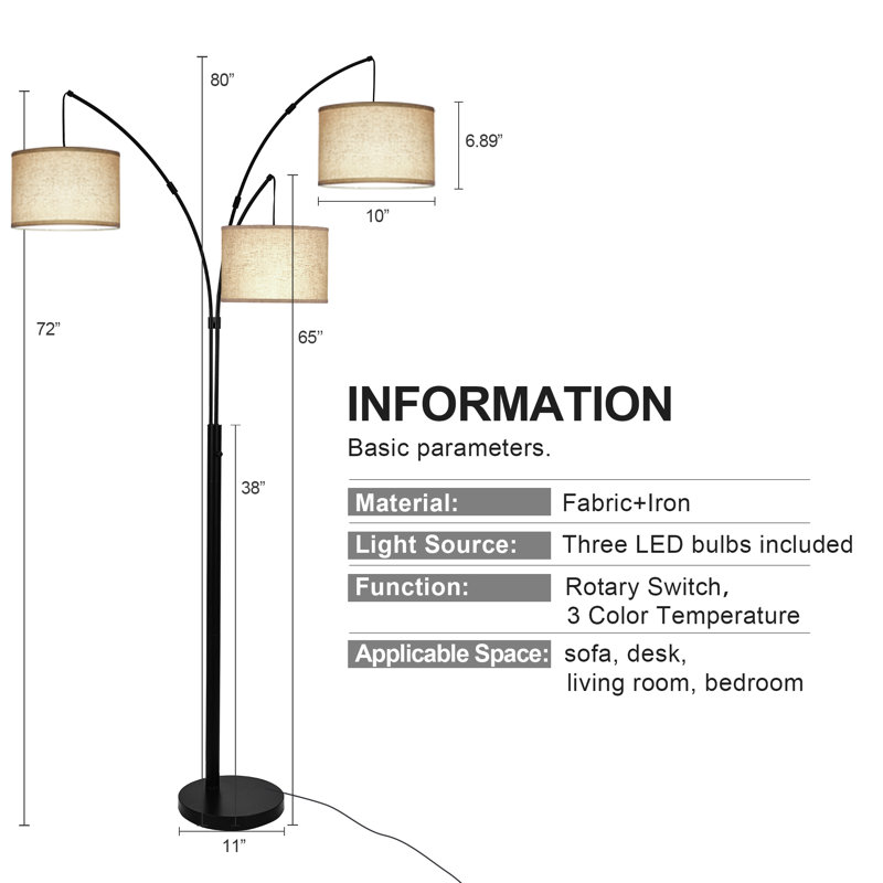 Jadesola 80'' 3 Light Tree Floor Lamp with Rotary Switch, Black