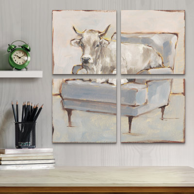 Ensemble de 4 panneaux muraux - Ethan Harper «Moo-ving In III», art mural sur toile pour le salon, la chambre à coucher ou le bureau 
