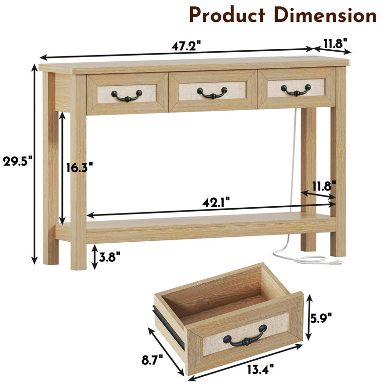 Console Canei 47,2 po avec 3 tiroirs en rotin, Bois naturel