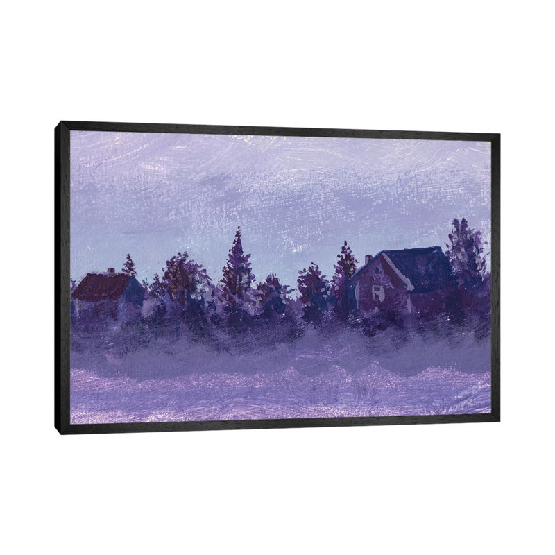 Night Rural Landscape With Old Russian Village Houses And Trees by Valery Rybakow - Painting on Canvas, Black Framed
