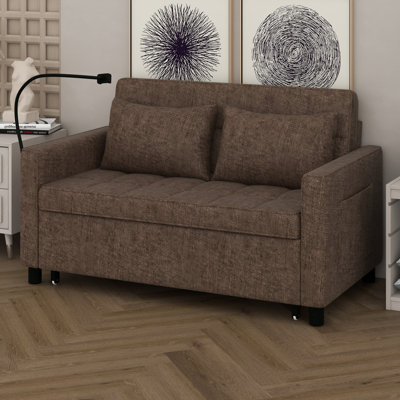 Canapé-lit coulissant avec dossier réversible, poches latérales et deux coussins décoratifs, causeuse en chenille avec ports USB et support pour téléphone