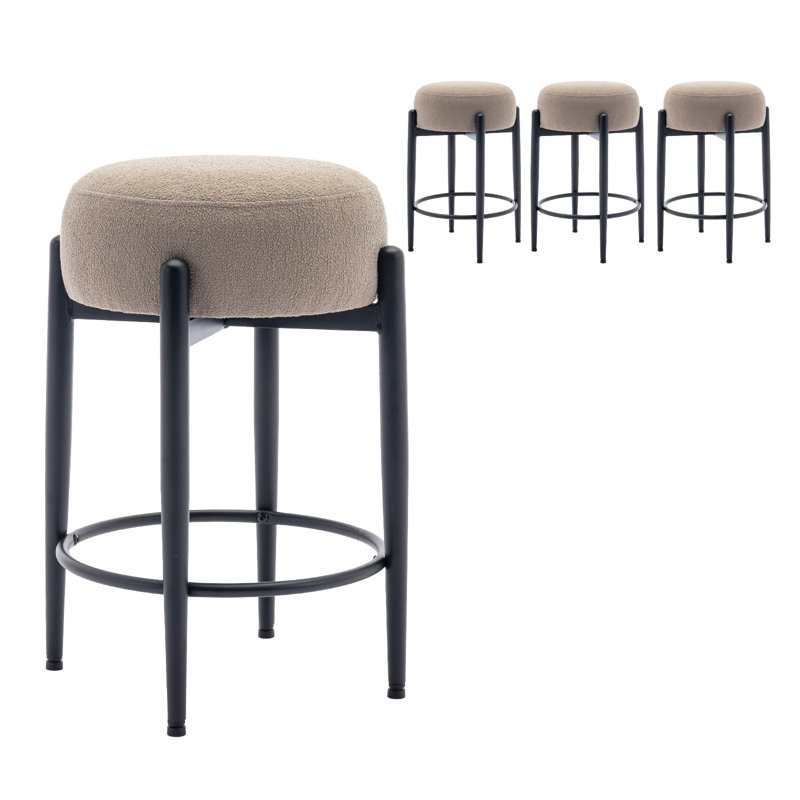 Tabouret de bar 24 po, 24 po, tabouret rond de hauteur comptoir avec structure et repose-pieds en métal noir, siège doux pour îlot de cuisine inspiré de la laine d'agneau