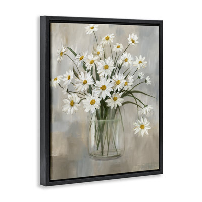 Potted Daisy Bloom Bouquet Black Framed Floater Canvas Wall Art by Nan