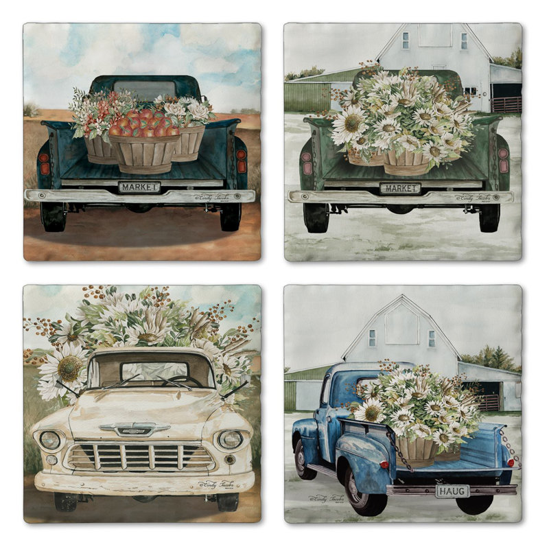 Ensemble de 4 sous-verres en pierre roulés Farming Camions