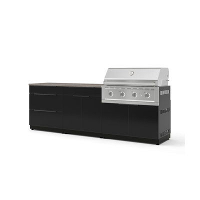 Ensemble de cuisine extérieure en aluminium noir, 5 pièces, comprenant un meuble-bar à 3 tiroirs, un meuble barbecue, un barbecue au gaz naturel haute performance de 102 cm et un comptoir en pierre reconstituée grise de 163 cm.
