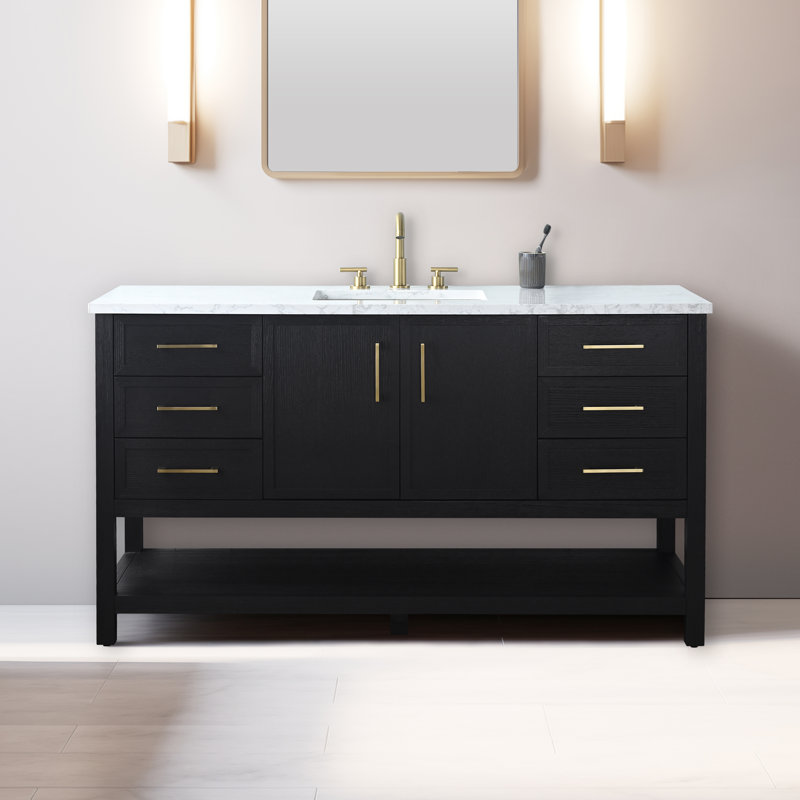 Stratford 60'' Single Bathroom Vanity with Engineered Stone Top, Black Oak/Brushed Gold