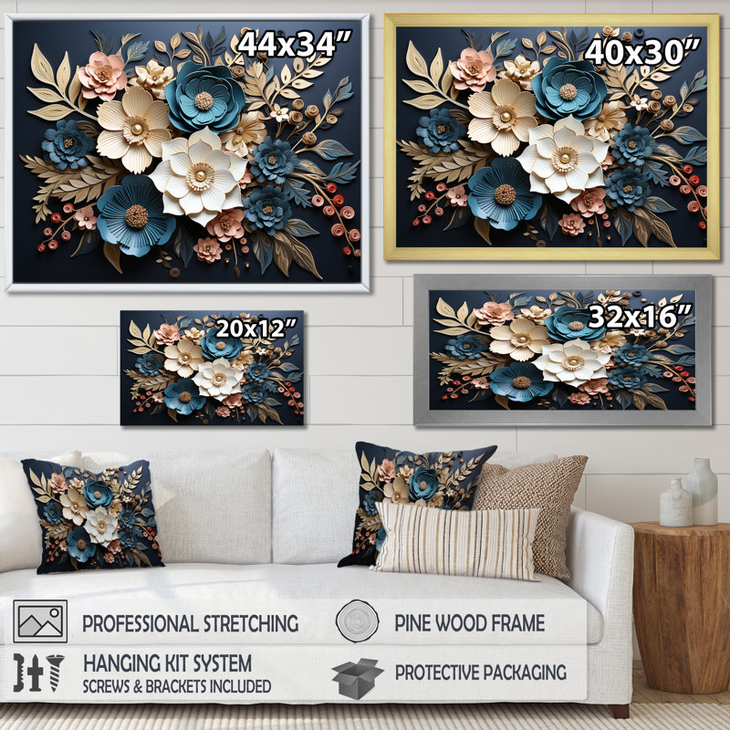 Bleu et or, charmantes fleurs printanières - art mural fleurs, Cadre d'angle fermé noir, H 16 po x l 32 po x P 1 po