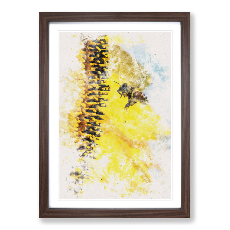 Busy Bee & Yellow Flower Watercolour - Picture Frame Graphic Art, Walnut Framed, 87cm H x 62cm W x 2cm D