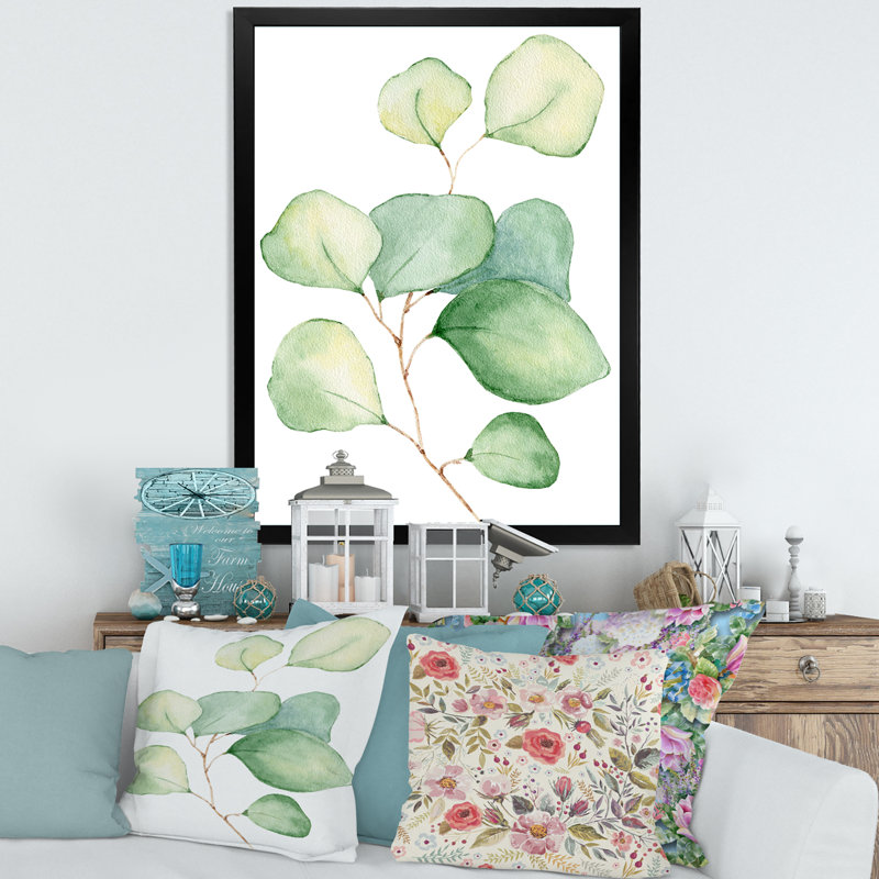 Délicates feuilles d'eucalyptus - Peinture sur toile, H 32 po x l 24 po, Cadre photo noir