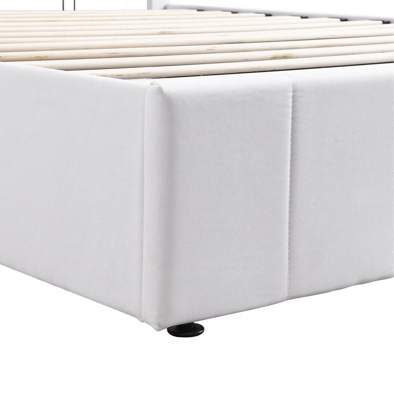Lit plateforme tapissier avec système de rangement hydraulique, Blanc, Grand lit