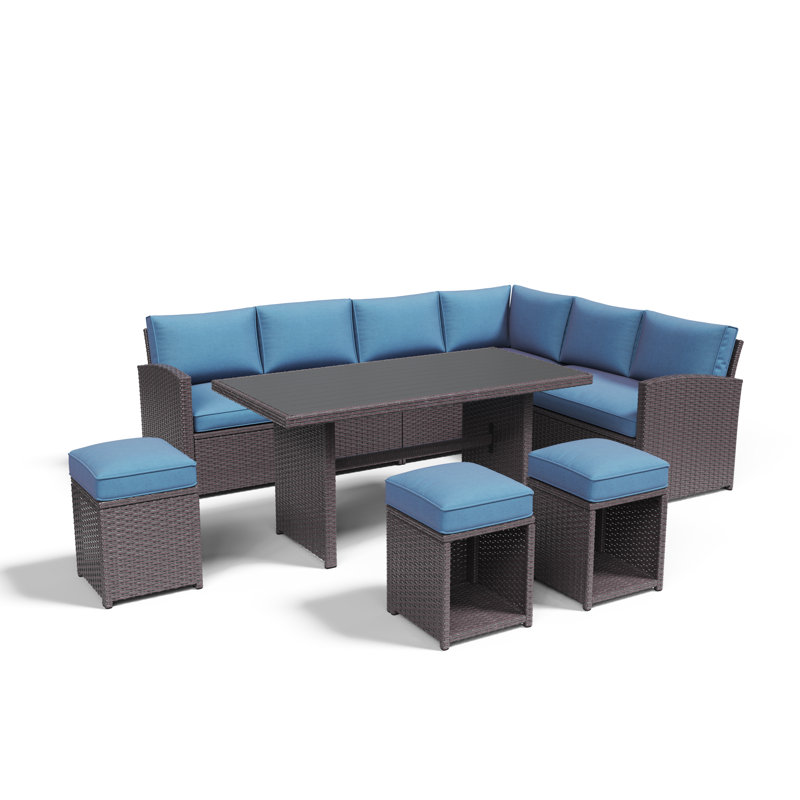 Atvars 8-Person Wicker Outdoor Sectional Seating Group with Storage Ottomans, Blue