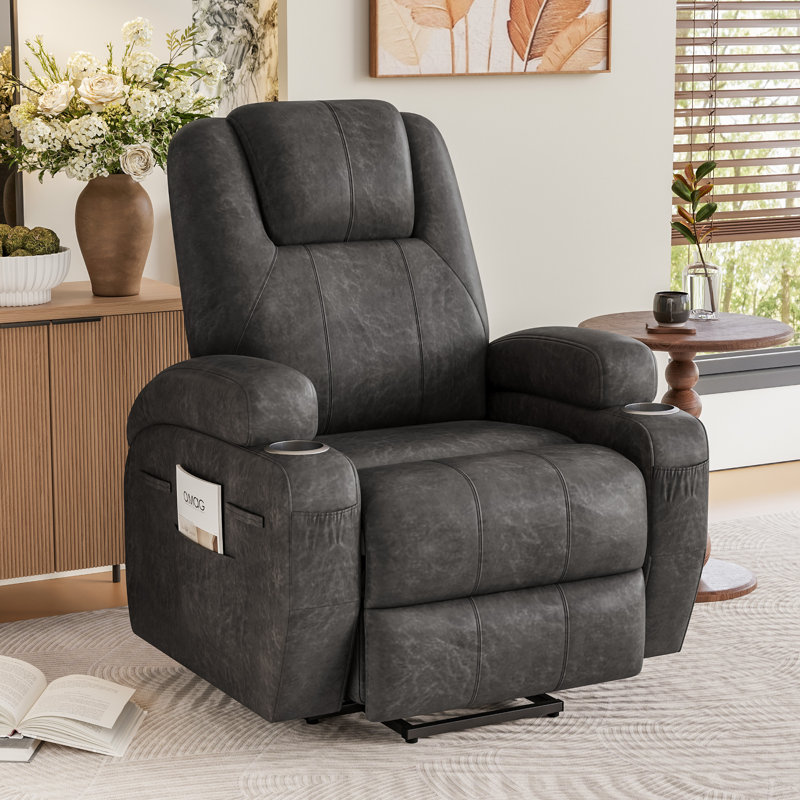 New Fabric Leathaire Electric Lift Recliner With Massage Function, Black Faux Leather