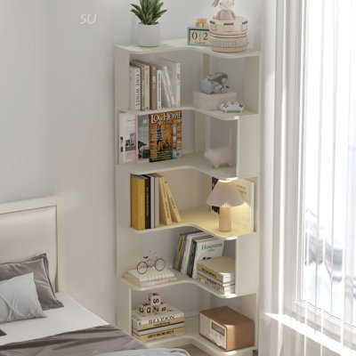 Bibliothèque de coin autoportante en forme de L à 6 niveaux pour le salon, la chambre à coucher, la bibliothèque en bois avec panneau anti-chute et dispositif anti-basculement, étagère de rangement ouverte pour le bureau à domicile