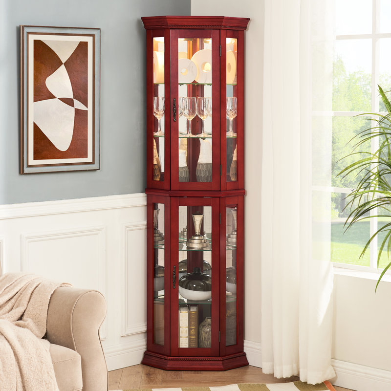 Élégante armoire en merisier avec porte vitrée et étagère d'angle intérieure spacieuse, éclairage et rangement ajustables